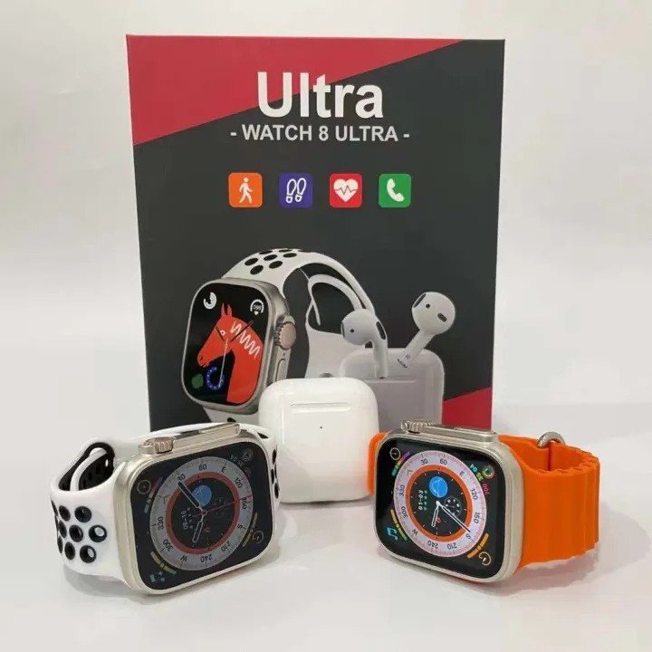 Watch 8 Ultra Smartwatch with Free Airpods | 2.02" HD Display | Bluetooth Calling | Health Tracking | 2 Straps | Orange + White